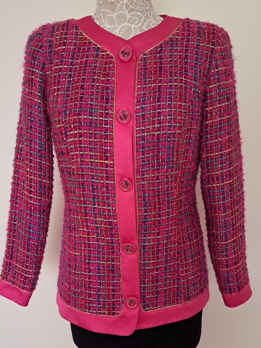 Vintage Miss Elliette Pink Multicolor Tweed Button-Front Jacket
